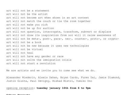 Unstated exhibition text, 208 Bowery, January 2018